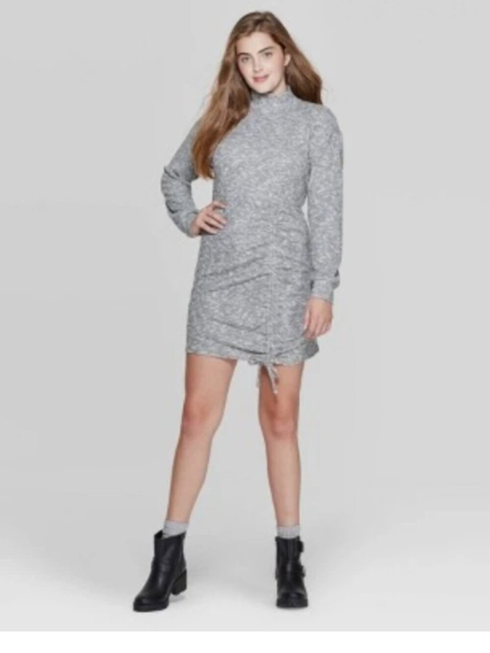 XHILARATION MOCK TURTLENECK CINCHED BOTTOM MARLED SWEATER MINI DRESS - SIZE XS